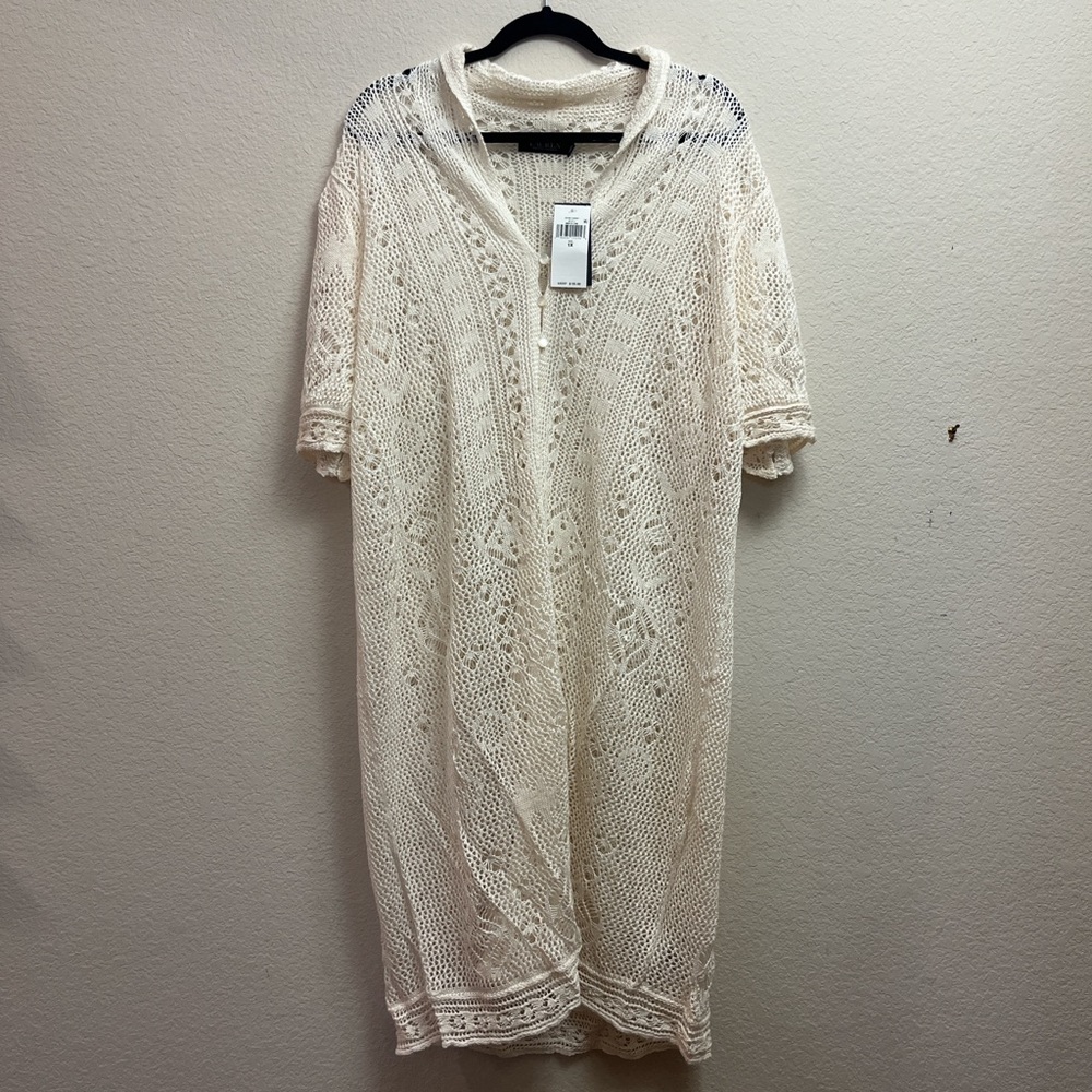 NWT Lauren Ralph Lauren Pointelle Puff-Sleeve Linen Cardigan in 1x!